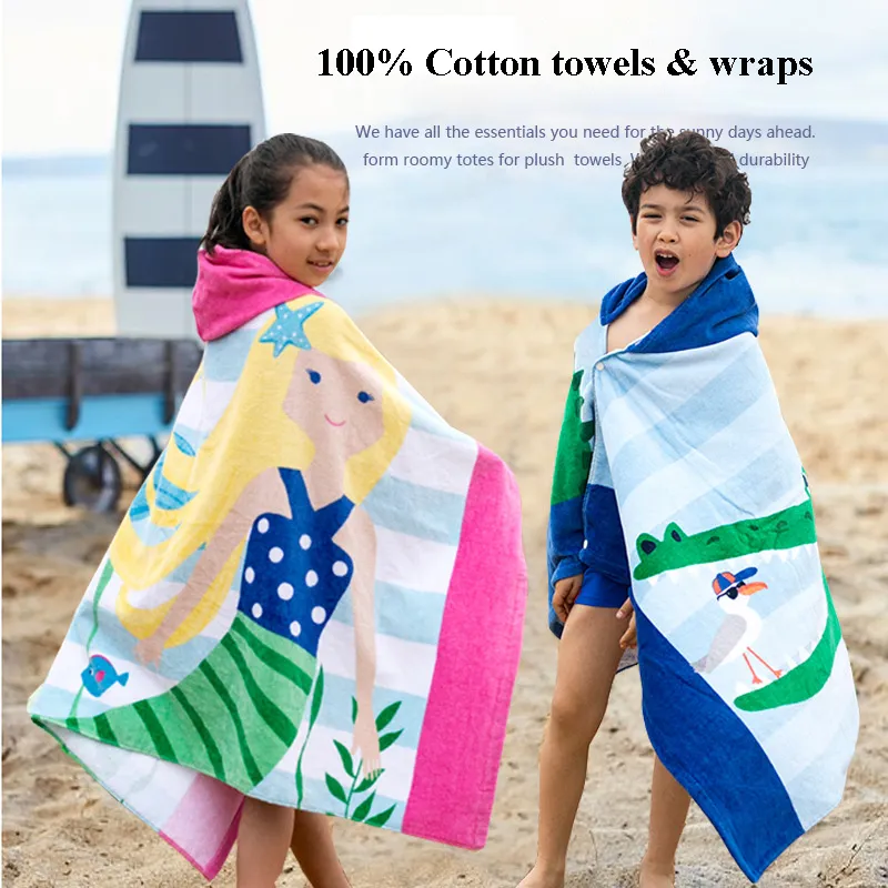 100% Bomull sommar Barnens strandhandduk Wrap Tecknad filmtryckt absorberande bomullsbadhandduk för barn Tecknad handduk Toallas Playa