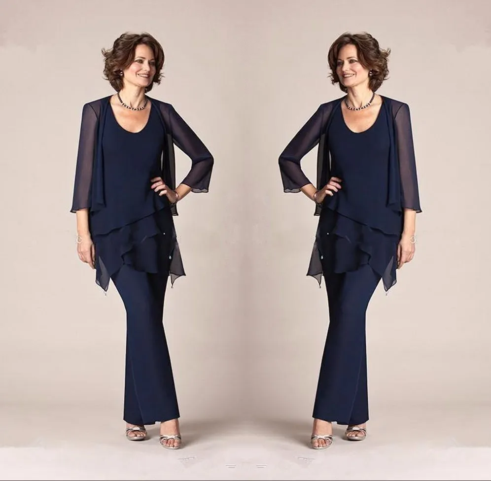 Chiffon Mother Of The Bride Suits Pants Jacket Long Sleeves Three Pieces Plus Size Layered Ruffles Floor Length Mothers Suits in Navy BA9406