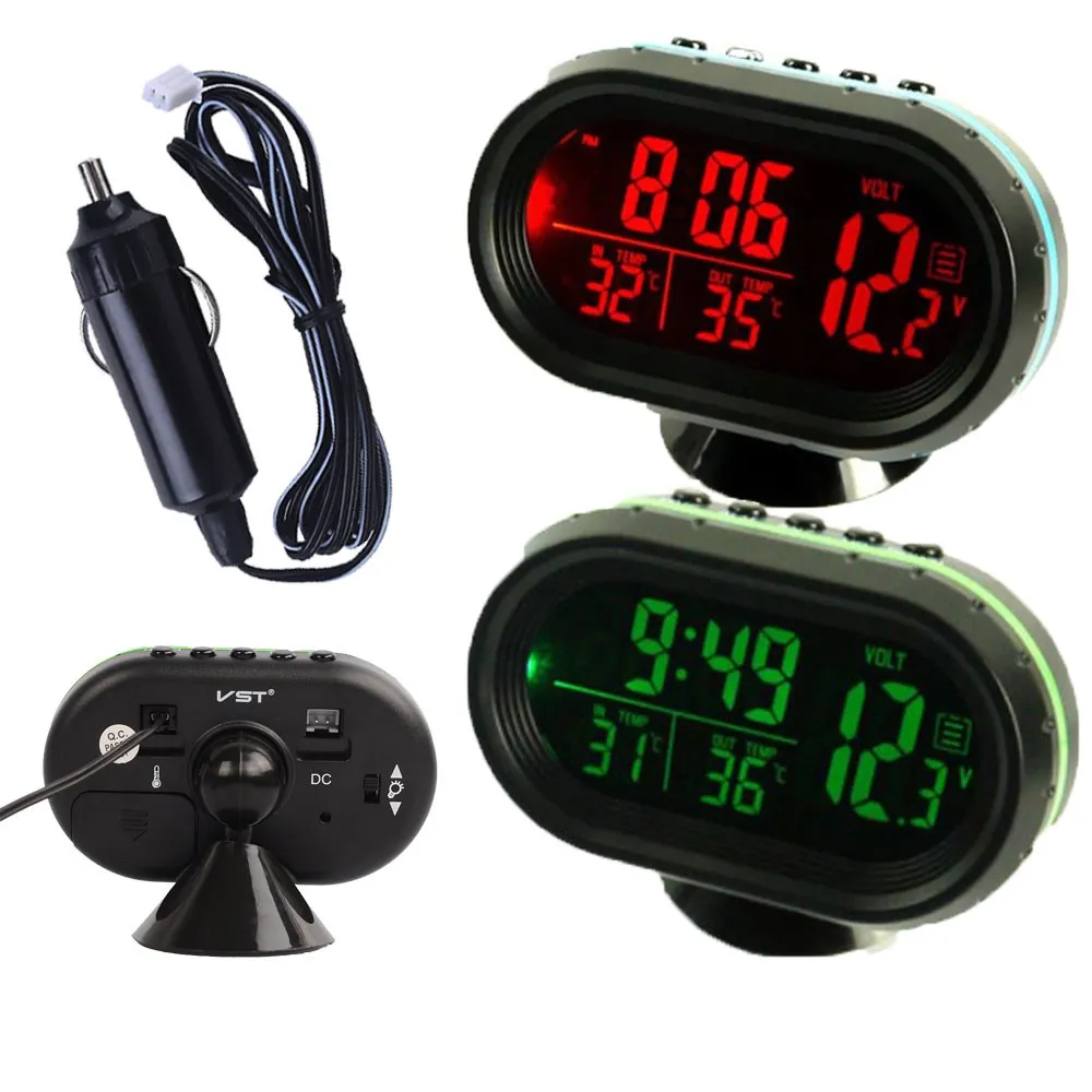 Horloge lumineuse à LED électronique haute précision de voiture 3 en 1 +  thermomètre + voltmètre (bleu)