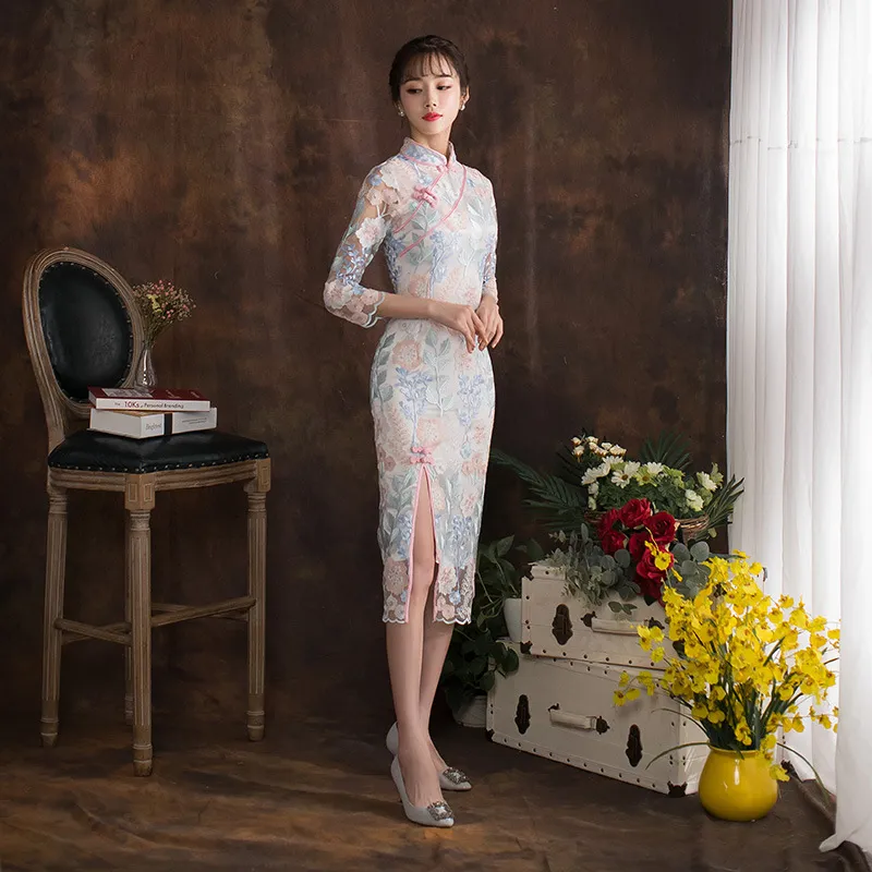 Gorąca Sprzedaż Lato Tradycyjna Koronka Chiński Cheongsam Długi Styl QIPAO 2020 Z 3/4 Długie rękawy Formalne suknie Dresses dla kobiet