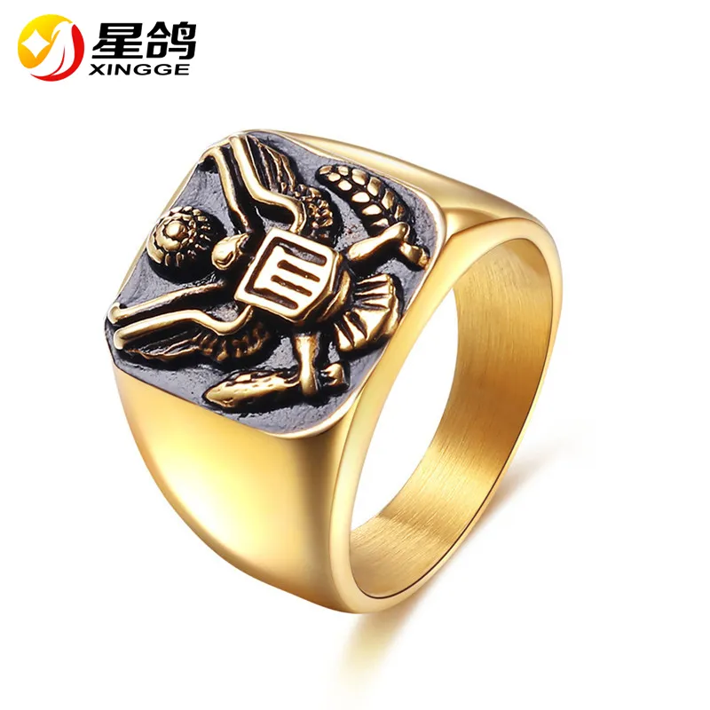 Gold Color stainless steel Men's Ring Punk the America Military badge Rings for men Vintage Hip Hop Fashion Jewelry Ring Wholesale