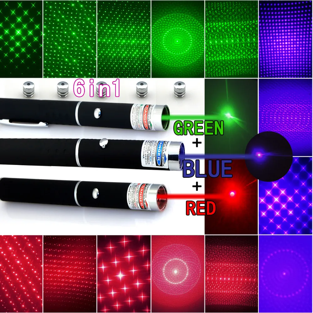 New Arrival Top Quality 6in1 5mw 650nm Röd Grön Blå Laser Pointer Pen Laser Ficklampa + 5 Star Caps Beam Light, Aperture
