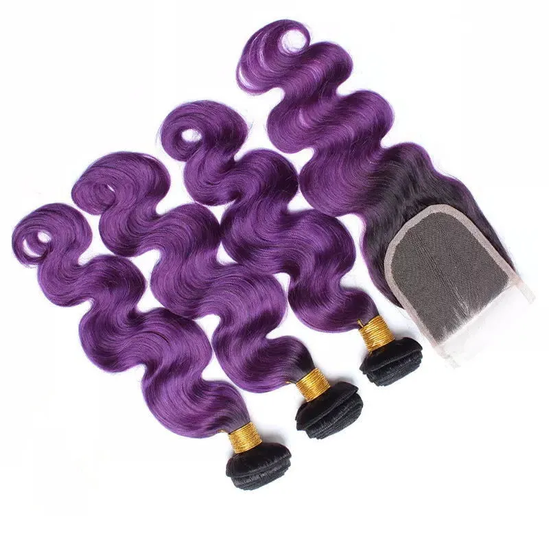 Lila Ombre Human Hair Weave Bundlar med Top Closure Body Wave Black and Purple Ombre Virgin Hair Extensions med 4x4 spetsslutning