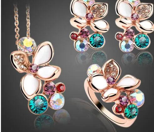 Çok Renkli Çiçek Kristal Rhinestone Altın Renk Kolye Kolye / Küpe / Yüzük Gelin Takı Kadınlar Düğün Için Set