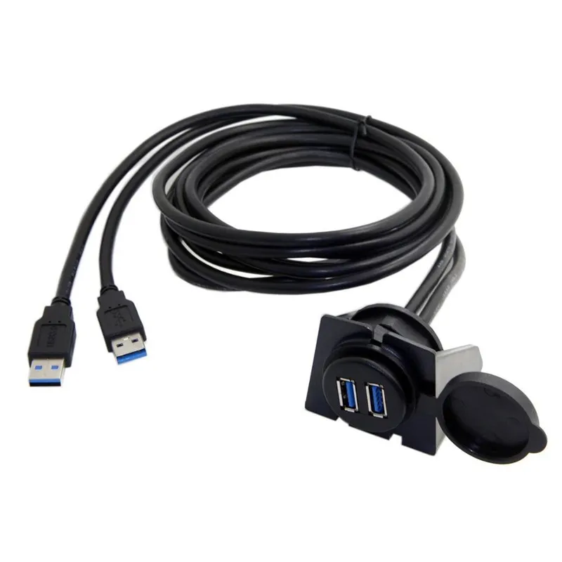 2 portar Dual USB 3.0 Extension Aux Flush Dashboard Bilmonterad förlängningskabel för biltruck båt motorcykel instrumentbräda 1m