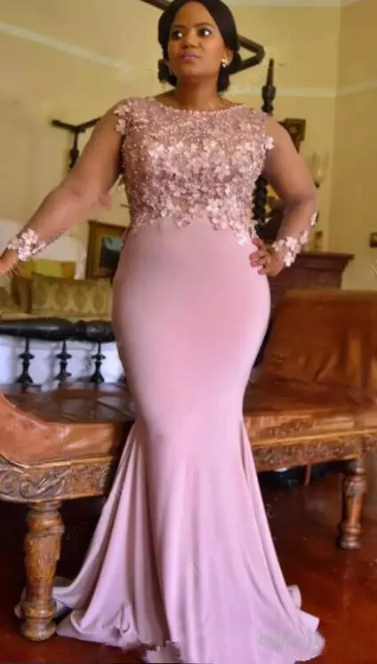 Afryki 2018 Nude Różowy Plus Rozmiar Mermaid Druhna Suknie Długie Koronki Appliqued Pearls Wedding Guest Partydress Black Girl Prom Wieczór