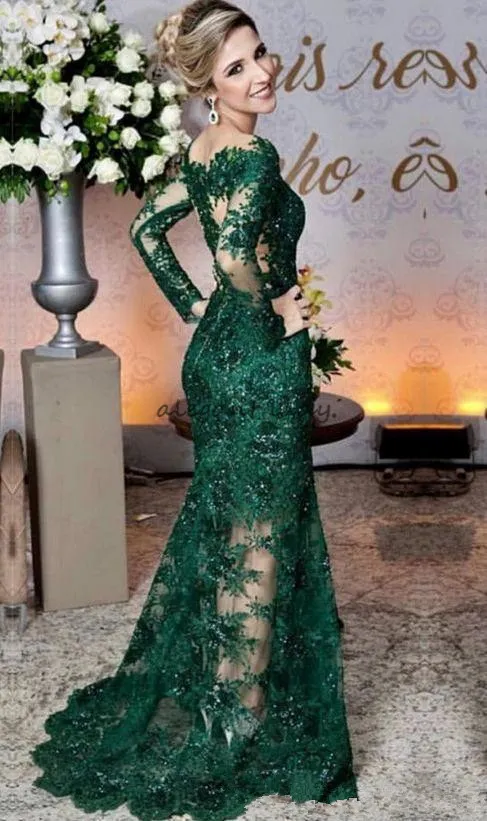 Glamorous Emerald Green Evening Dresses Fashion Lace Applique Long Sleeve Mermaid Prom Dress Custom Made See Through Tulle Long Evening Gown