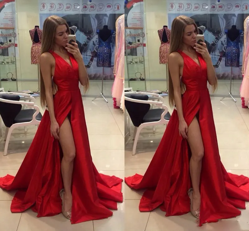 2018 Cheap Thigh Slit Splid Red Prom Dresses V Neck Sexy Open Back Sweep Train Custom Made Formal Prom Gowns Special Occasion Wears