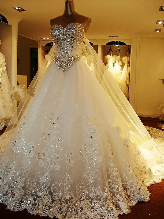 Luxury Best Wedding Gown Fashion Handmade Crystals Beads Cathedral Train Spring Summer Wedding Dress 2015 Bridal Gown with Lace Up