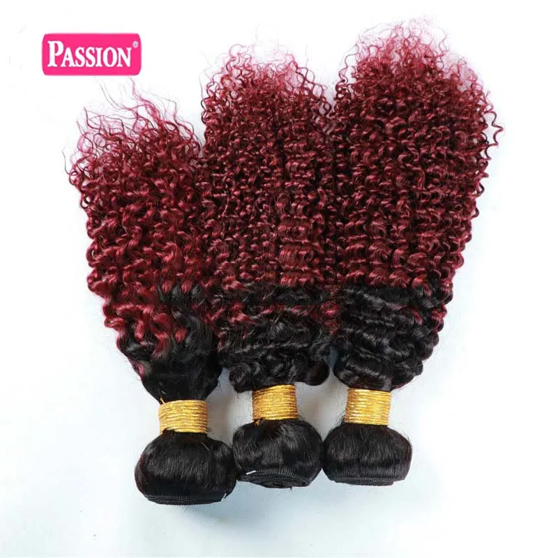 Capelli umani Ombre brasiliani 3 pacchi bicolore 1B99j Tessuto capelli umani ricci crespi bordeaux Estensioni capelli umani brasiliani colorati4727921