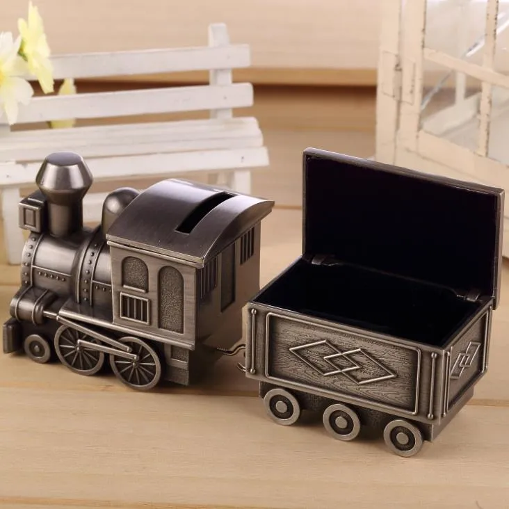 Vintage Piggy Bank Locomotive Loco Railway Alloy Owl Money Box Train Engraving Kids Birthday Party Favors Christmas ldren's day gift