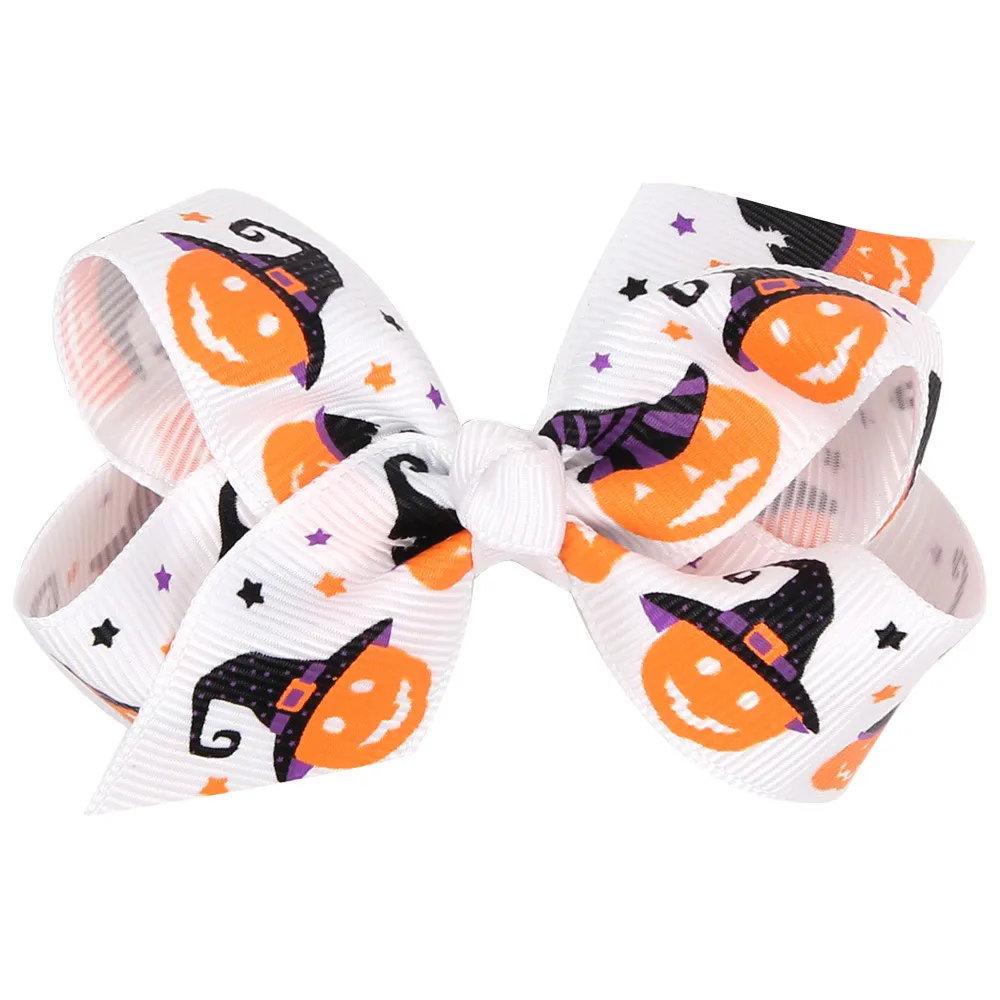 Partihandel 14 Design 3.15 tum Halloween Cartoon Bat Pumpkin Print Ribbon Baby Bowknot Hårpin Barntillbehör