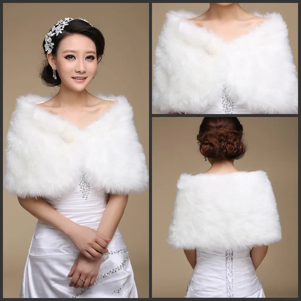 Vintage court d'hiver nuptiale Châle Wraps chaud long et large perle en fausse fourrure pour le mariage haussement Cape manches Soirée Wraps nuptiale Jacke 15