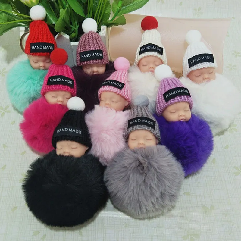 Porte-clés poupée bébé endormi, Pom-pom, boule de fourrure de lapin, porte-clés pour femmes, sac suspendu, bijoux à la mode