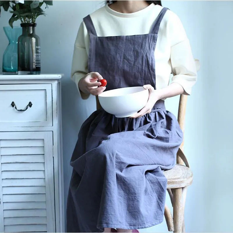 European Lady's Apron Washed Cotton Linen Adult Aprons for Woman Kitchen Cooking Gardening Coffee Shop Uniform ZA6898