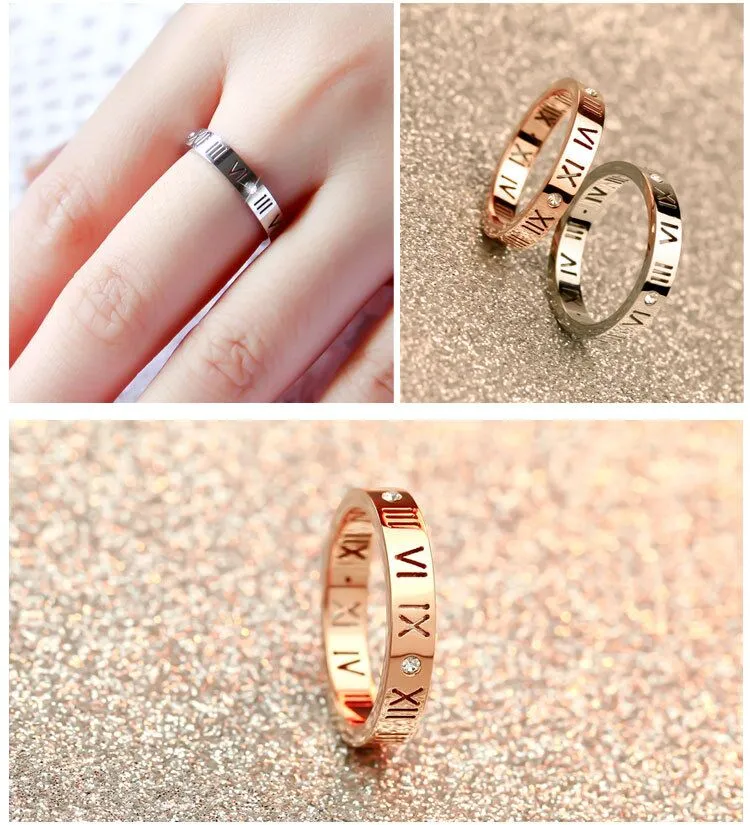 Roman letter cutout Women's Diamond Ring, ladies fashion rose gold ring, Roman numeral silver rings Women's Band Rings