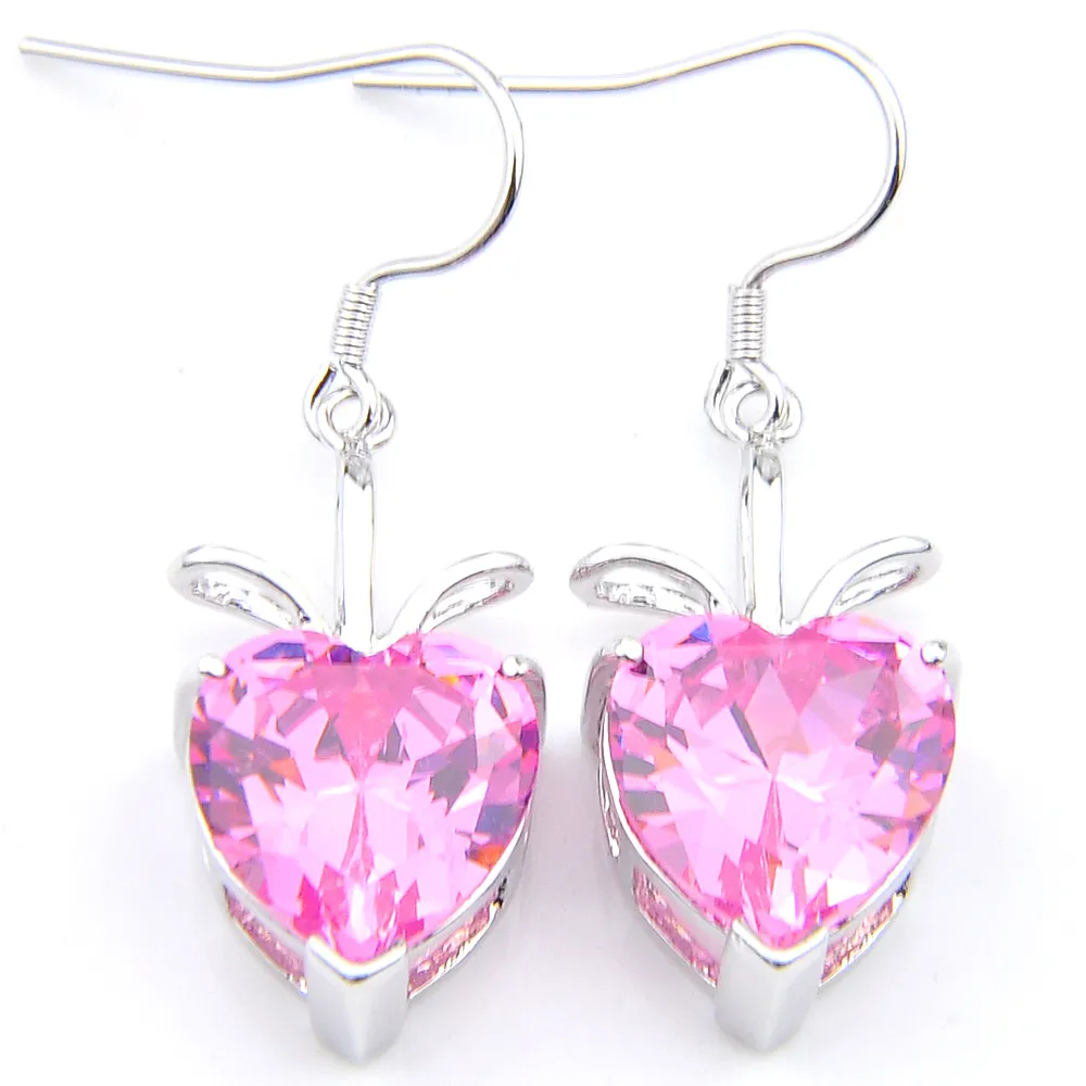 10 Pair Luckyshine Holiday Gift Women Heart Earring Cubic Zirconia Gemstone Silver Pink Charm for Wedding Dangle Earrings