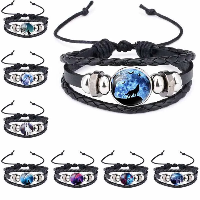 Moon Wolf Handmade Glass Cabochon Woven Leather bracelet Bangles Mens Black Punk Animal Bracelets hip hop jewelry drop ship