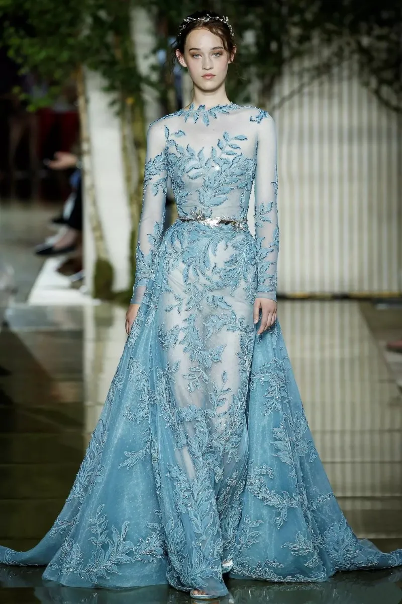 魅力的なZuhair Murad Mermaid Promドレス、取り外し可能なスカートスカイブルーレースアップリケビーズ長袖フォーマルドレスイブニングウェア