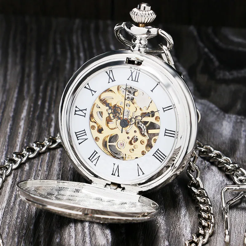 Pocket Watches Vintage Silver Roman Number Mechanical Watch Double Open Case Fob Watch P803c