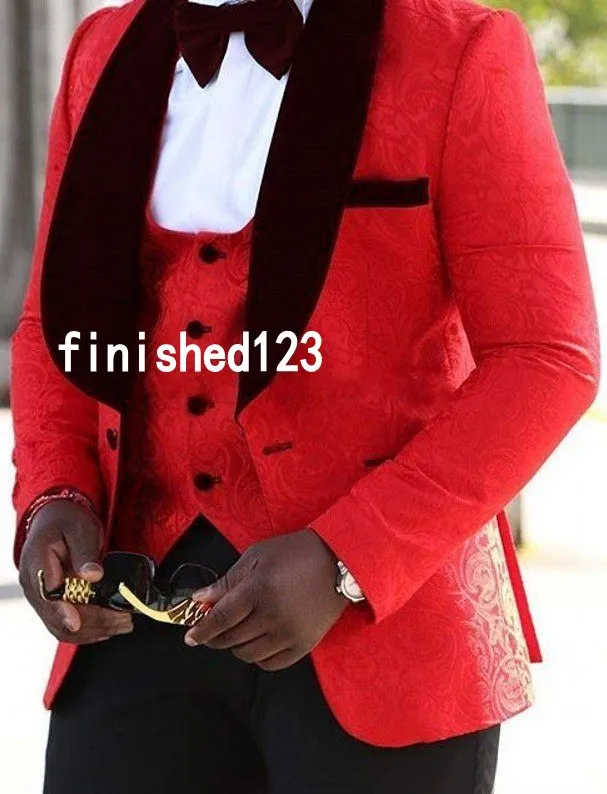Modischer roter Bräutigam-Smoking mit einem Knopf und Schal, Weinrevers, Trauzeugen-Anzug für Herren, Hochzeitsanzüge (Jacke + Hose + Weste + Krawatte) Nr.: 1010