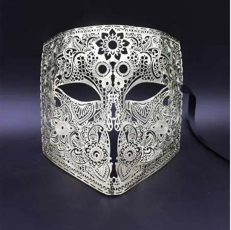 Oro Plata Cara completa Bauta Phantom Cosplay Máscara veneciana Máscara negra Cráneo Escudo de Halloween Mardi Gras Máscara de fiesta de metal