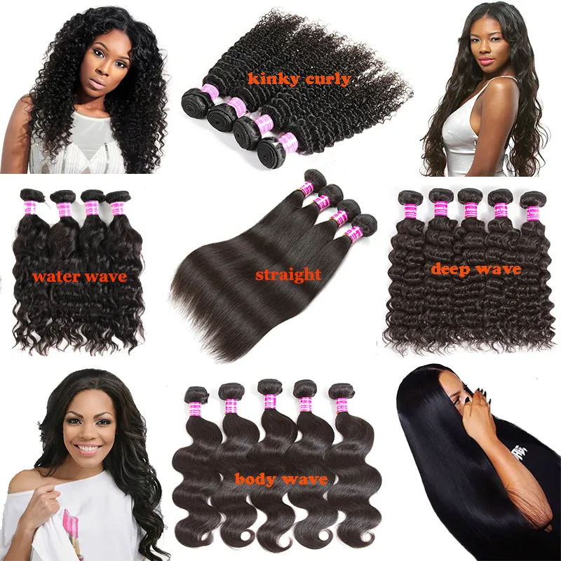 4 lub 5 Brazylijski Virgin Human Hair Wiązki Proste Body Woda głęboka Wave Kinky Curly Hair Extensions 8a Peruvian Indian Splot