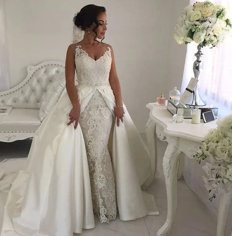 With Vintage Mermaid Detachable Train V Neck Arabic Wedding Gowns Lace Applique Bridal Dresses Custom Made