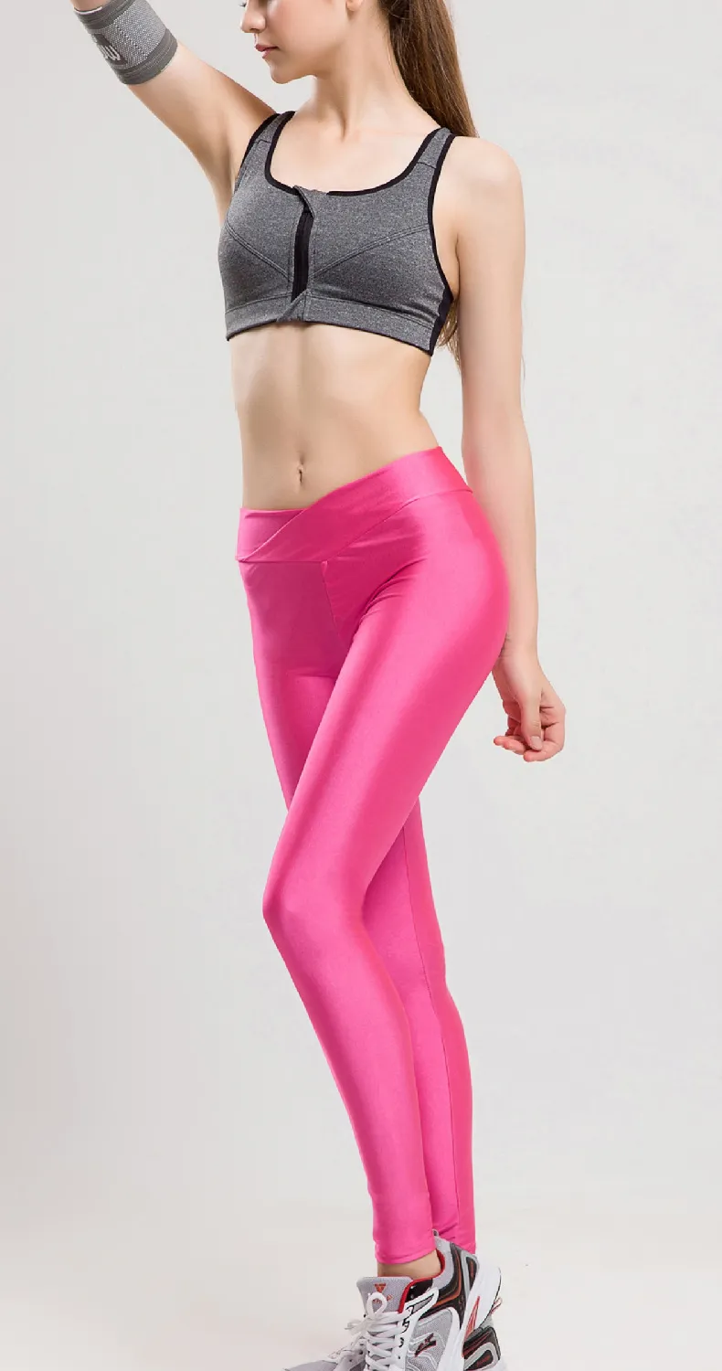 2018 V Cintura Alta Doces Cores Neon Sportswear Treino Leggings Calças Femininas Sexy Magro Moda Jogging Elastic Strtched Brilhante S-XL