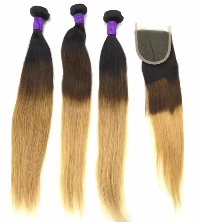 Brazilian Body Wave Human Remy Hair Weaves 3/4 Bundles with Closure Ombre 1b/4/Double Wefts Hair Extensions