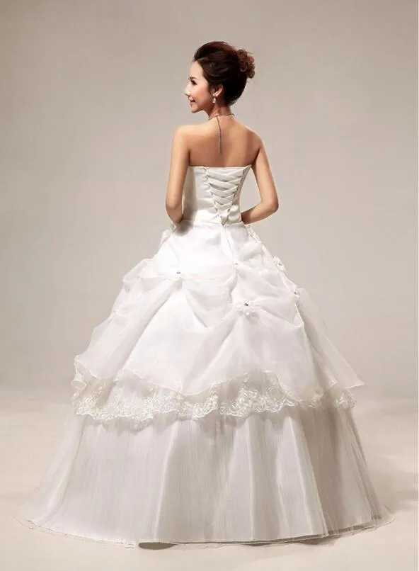 En stock nouvelle robe de mariée robe de bal sans bretelles jupes à plusieurs niveaux longueur au sol organza tulle avec appliques perles 3 couleurs avec jupon