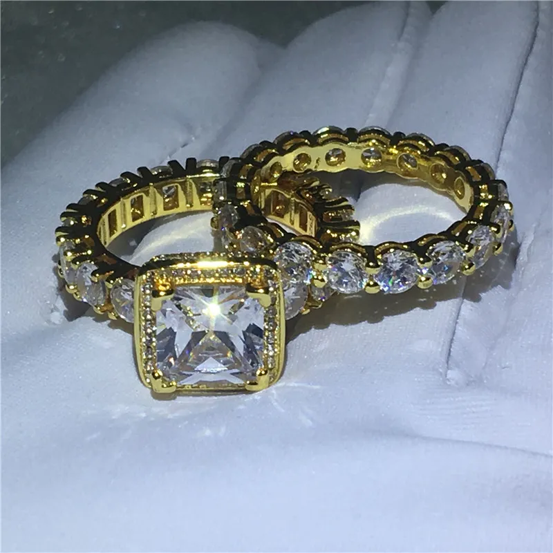 الإناث خمر خاتم مجموعة الذهب الأصفر معبأ 925 الفضة جولة 5a تشيكوسلوفاكيا ستون الاشتباك خاتم الزواج للنساء مجوهرات الزفاف