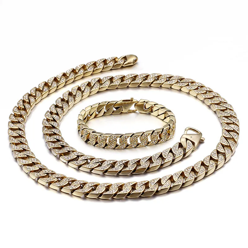 316L Edelstahl-Schmucksets, glänzende Mikroeinsätze, Diamant-Halskette mit kubanischen Gliedern, Halskette, Armband für Herren, Bling-Bling-Ketten im Hip-Hop-Rock-Rapper-Stil