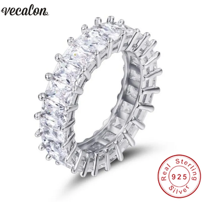 Vecalon Bands de mariage fait à la main Ring 925 Sterling Silver Princess Cut Diamond Sona CZ Anneaux de fiançailles pour femmes bijoux doigt