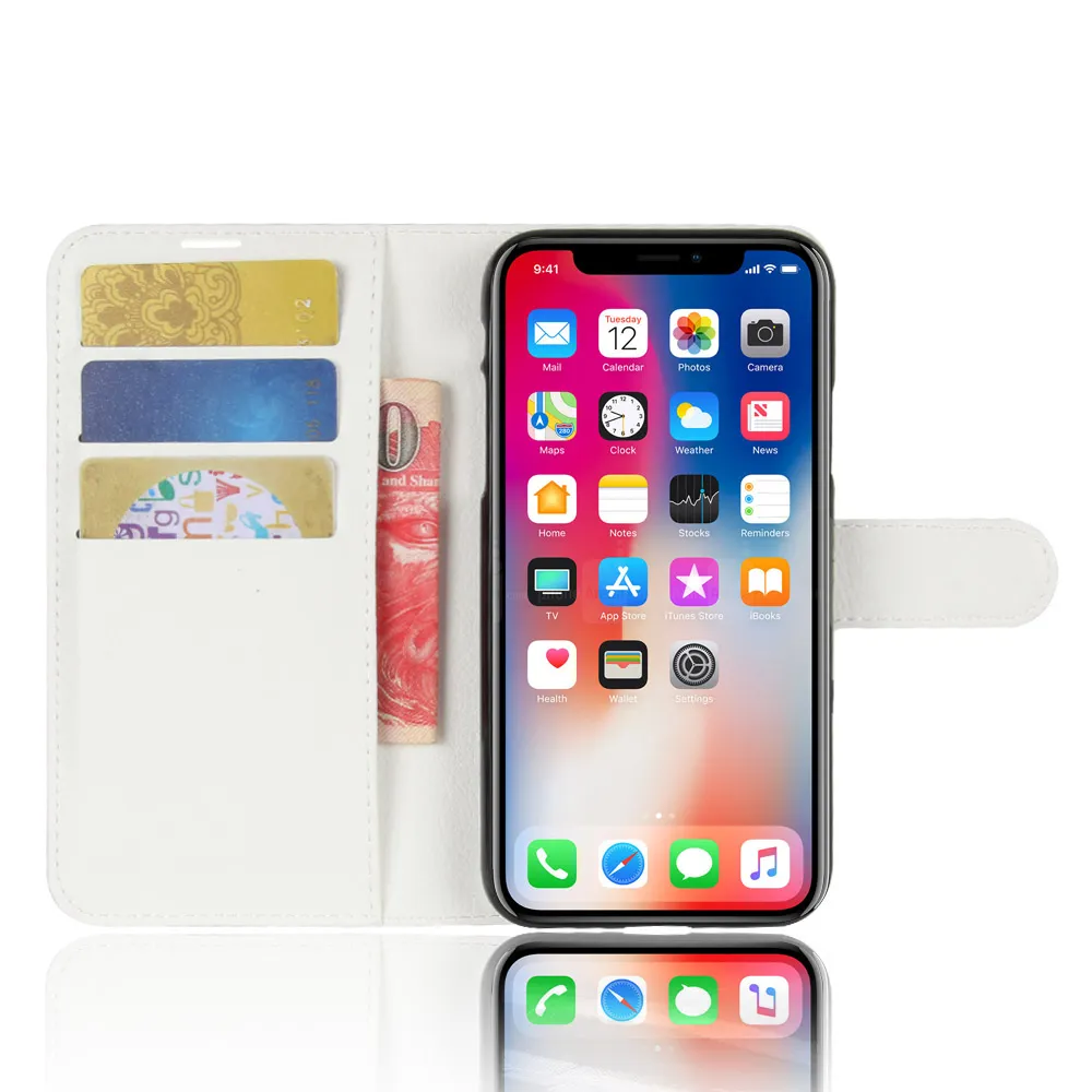 Para o iphone x litchi couro flip case + tpu tampa traseira do iPhone 10 Carteira Casos Com Suporte Titular Kickstand Card Slots Bolso