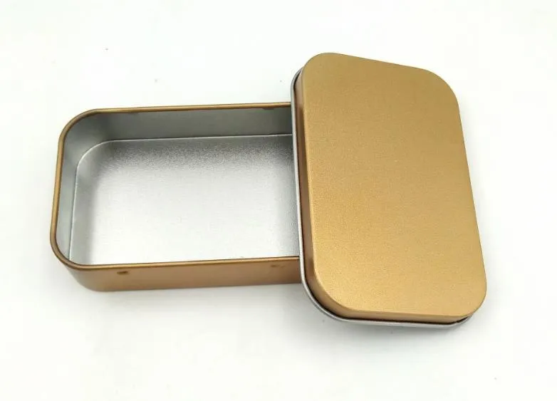 Mini scatola di latta Piccola scatola di immagazzinaggio vuota in metallo dorato Organizzatore soldi Moneta Caramella Chiavi Disco U Cuffie