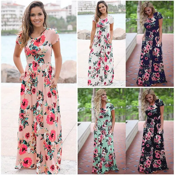 Dames Floral Print Korte Mouw Boho Jurk Avondjurk Party Long Maxi Jurk Zomer Sundress 5 stijlen