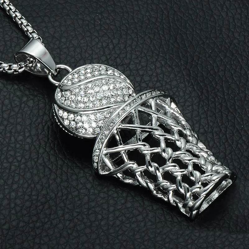 Hip Hop Iced Out Bling Full Full Ringestone Basketball Pendant Colliers Goldsilver en acier inoxydable