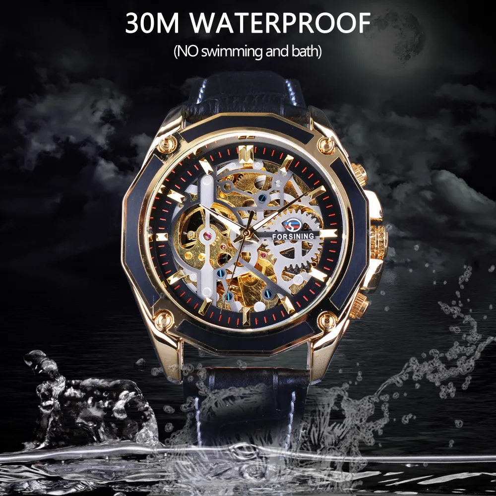 Forsining Custodia trasparente Movimento ad ingranaggi Steampunk Uomo Orologio scheletro automatico Top Brand Design aperto a carica automatica326W