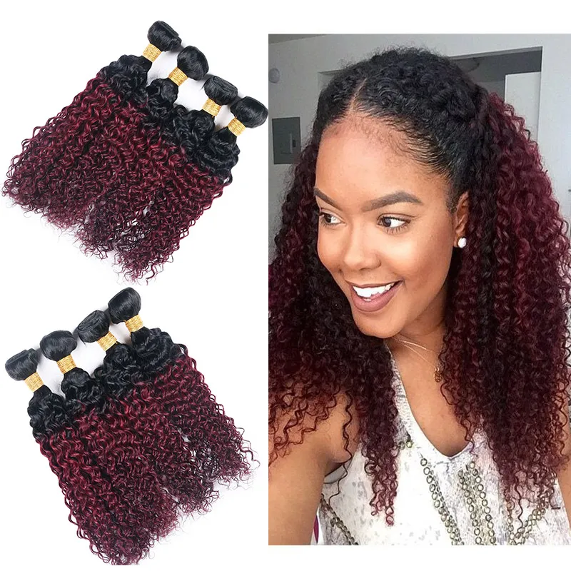 Non trasformati 1B / 99J Ombre Weave 4 pacchi Capelli vergini brasiliani ricci crespi Trame di capelli rosso vino scuro 10-26 pollici Estensione di tessuti di capelli umani