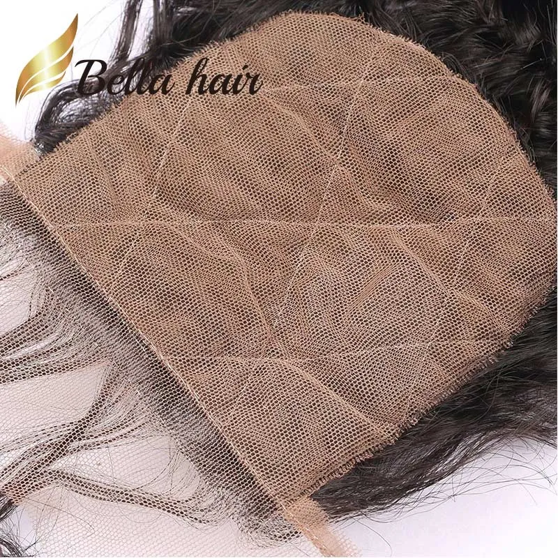 Föregångad silkebasstängning 3 lager brasiliansk jungfru mänsklig hår 4x4 spets stängning naturlig svart kvalitet djup våg vågig 12-20 tum bella hår naturligt utseende