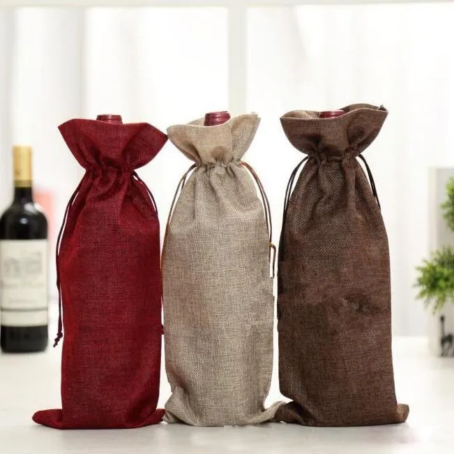 Jute Wine Bags Champagne Wine Bottle Covers Gift Pouch burlap Packaging bag Wedding Party Decoration Wine Bags Drawstring cover