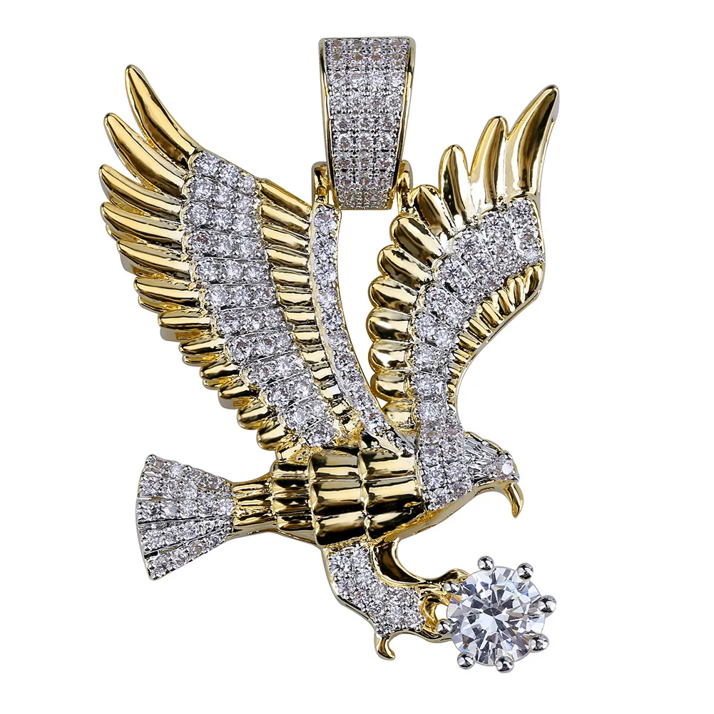 Hip Hop Gold Color Plated Copper Iced Out Micro Paved CZ Eagle Pendant Necklace Men Charm Jewelry Three Style Chains