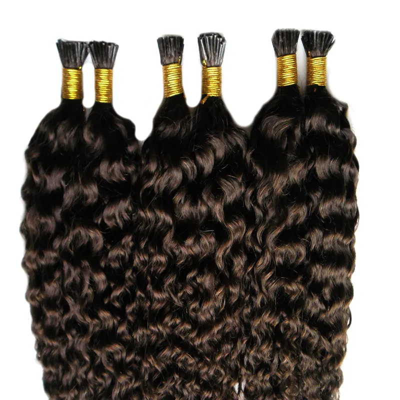 Extensiones de queratina de cabello humano Kinky Curly 300gstrands extensión de cabello humano I inclino Extensiones de cabello Fusion preadheridas 2 Darkest Bro2162649