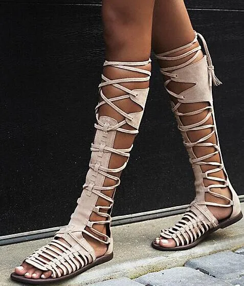 Nieuwe zomer vrouwen platte gladiator knie hoge laarzen suède leer hoge kwaliteit sandaal laarzen lace-up sexy zomer bohemia dameslaarzen