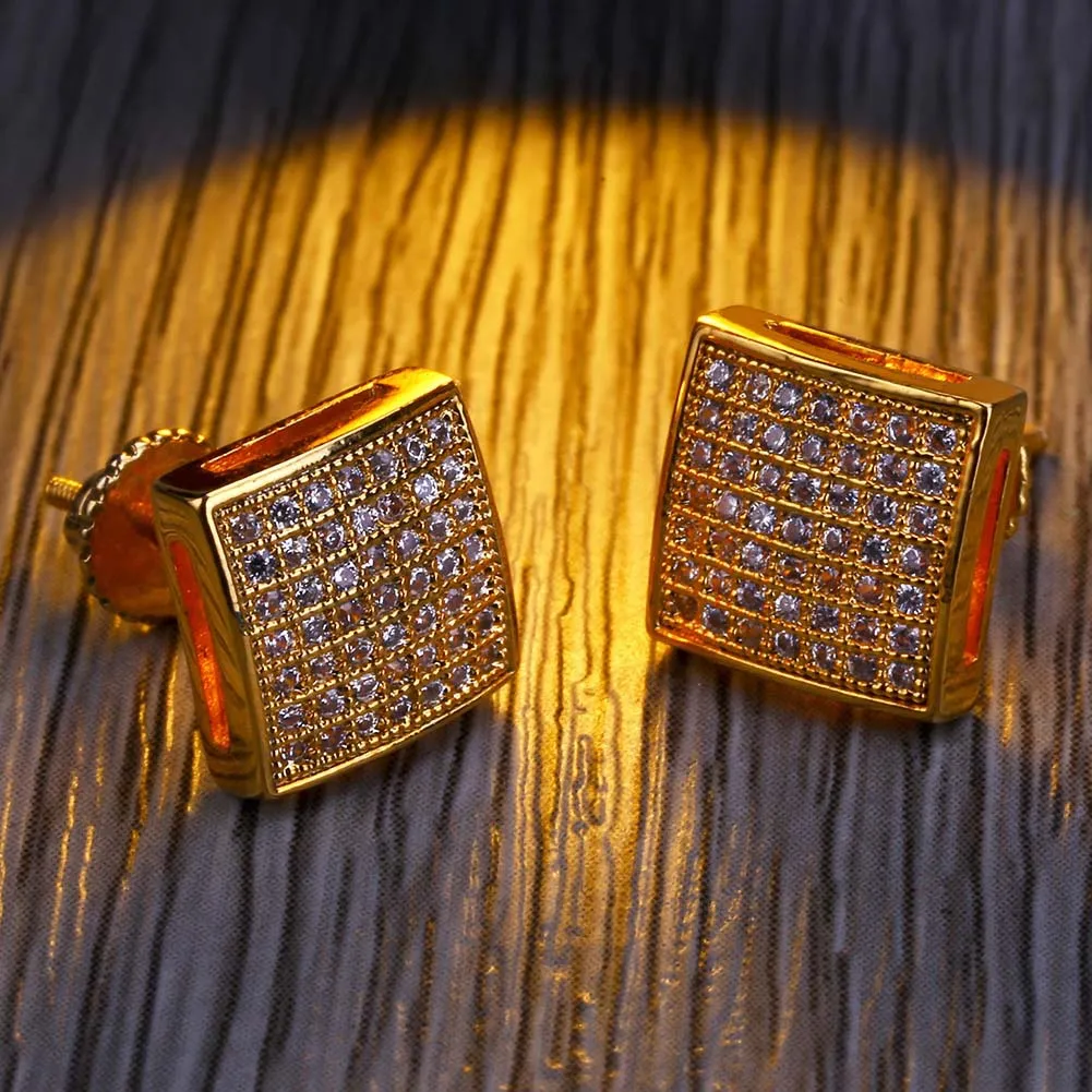 14K Gold Plated Hip Hop Micro Paled CZ Square Curved Back Screw Back Stud Earring For Men Women9763069