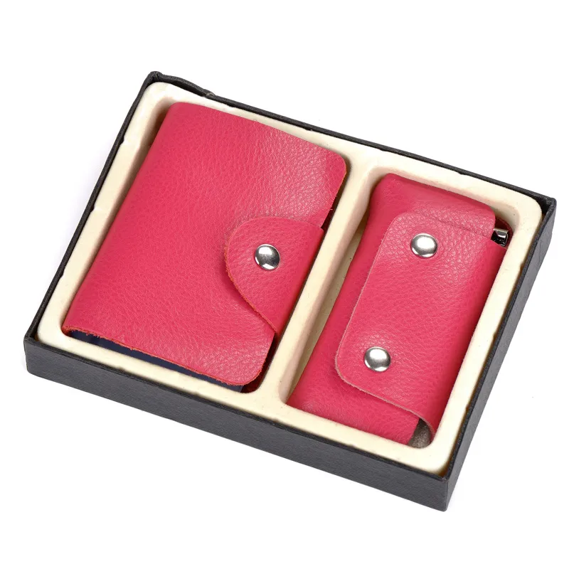 Hot Sale 26 Slots Fashion New ID Bank Card Case Wallet Vanligt läder 2 st Set Key Bag Visitkort Hållare