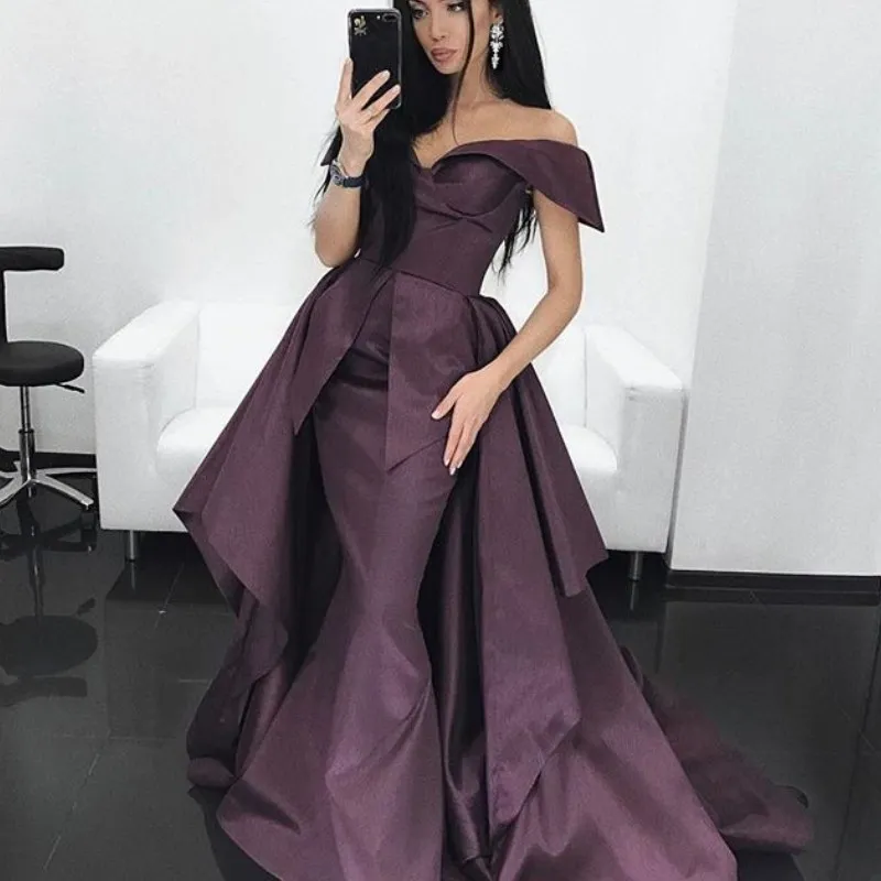 Dubai Stylish Mermaid Prom Dresses With Overskirt Sexy Off Shoulder Sleeveless weep Train Party Dress Glamorous Celebrity Evening Dresses