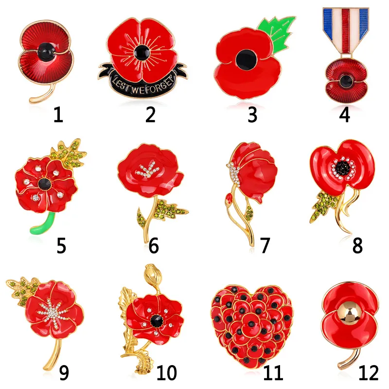 "För att vi inte glömmer" Emalj Red Poppy Brosch Pin Badge Golden Flower Remembrance Day Gift DHL Gratis frakt