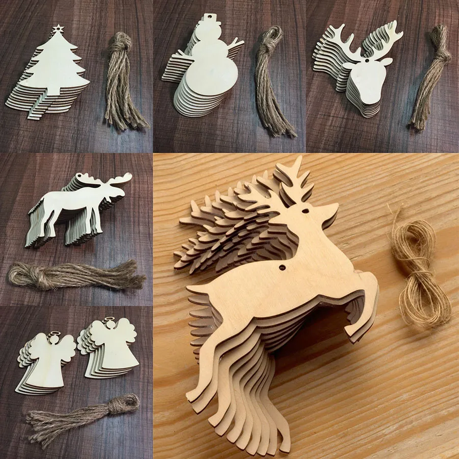 10 pieces/Lot Christmas Tree Ornaments Wood Chip elk Snowman Tree Deer Hanging Pendant Christmas Decoration Xmas Gift C5254